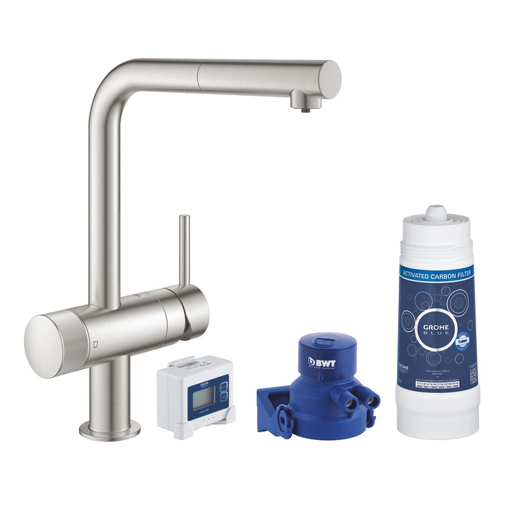 Robinet sanitar, Grohe, Bucatarie, Pe Picior, Dus extensibil, Cu filtru, 328x223 mm, Super otel