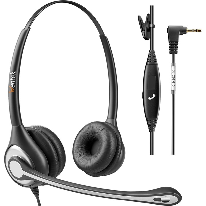 Wantek Dual 2,5 mm-es fejhallgató zajszűrő mikrofonnal és hangerőszabályzóval a Call Centerhez