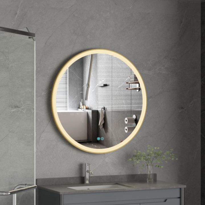 Oglinda cu LED rotunda 80 cm, functie dezaburire, intrerupator touch 3 culori, rama gold rose