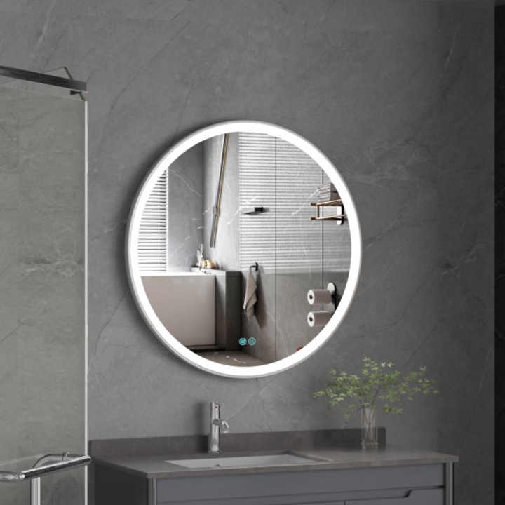 Kerek LED-es tükör 70 cm, páramentesítő funkció, 3 színű érintőkapcsoló, ezüst keret
