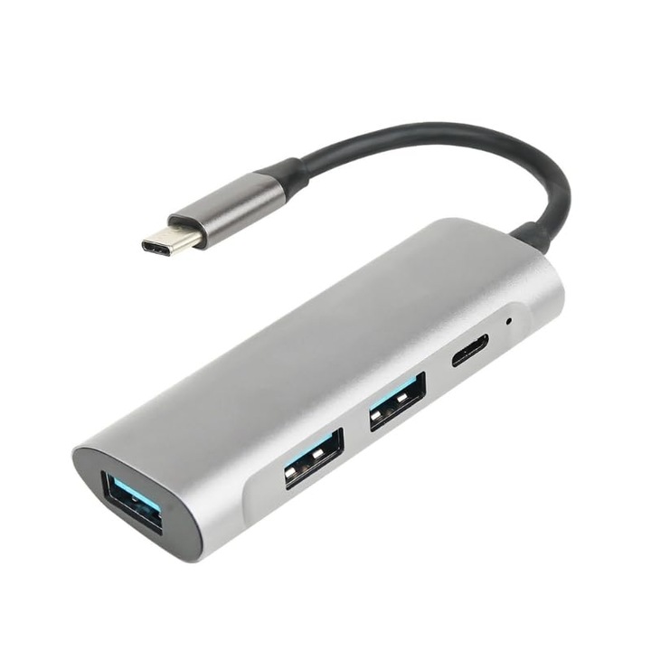 Statie de andocare HUB Type-C 4in1 USB-C, JENUOS®, 2x USB 2.0, 1x USB 3.0, 1x USB 3.1, pentru laptop/telefon/PC, Argintiu