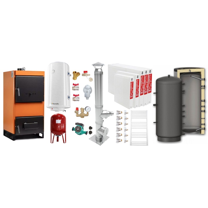 Set Centrala pe combustibil solid Fiama W 35 kW, Puffer 1000 litri, Cos inox, Radiatoare Otel, Boiler Termoelectric, Vas Expansune, Pompa si Fitinguri Montaj