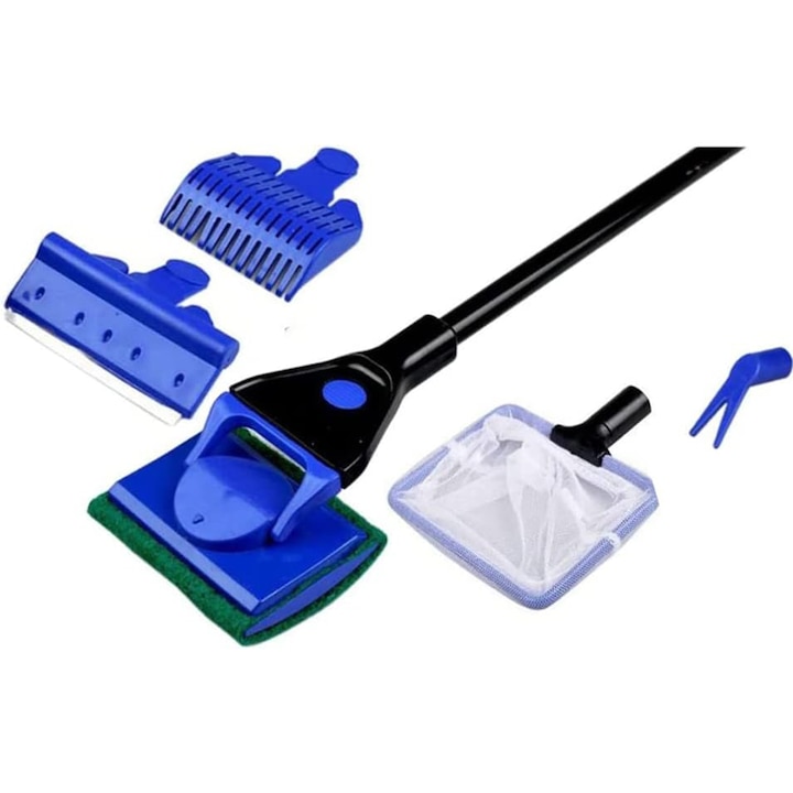 Kit multifunctional curatare acvariu, NUODWELL, 5 accesorii interschimbabile, inclusiv racleta pentru alge, plasa de peste, burete de curatare, furculita pentru plante si greble pentru pietris, maner lung de 45 cm, multicolor
