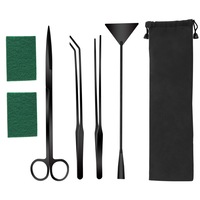 Kit curatare acvariu, NUODWELL, 7 bucati, inox, cu sac de depozitare, multifunctional, potrivit pentru taieri precise, rearanjare, intretinere si curatare a plantelor acvatice, negru