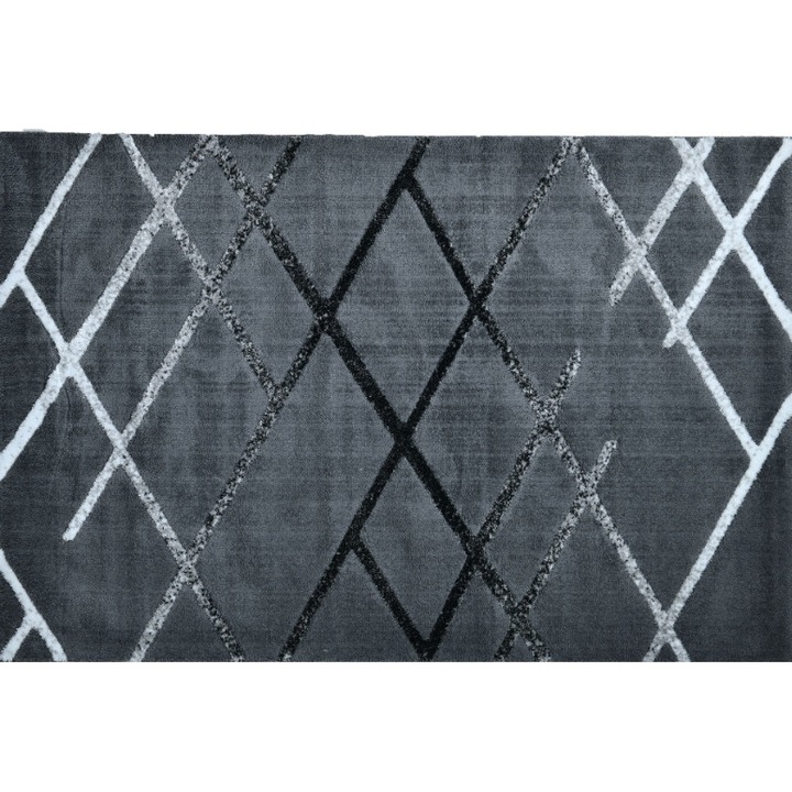 Covor cosy 060x110cm grey din poliester fir lung, model geometric, soft touch
