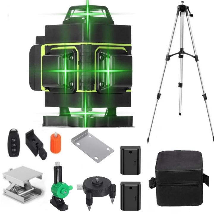 Set Nivela Laser, MOSMAOO®, Profesionala, Autonivelare, 16 linii, 4x360º, IP-54, Precizie milimetrica, Trepied 120 cm, Negru/Verde