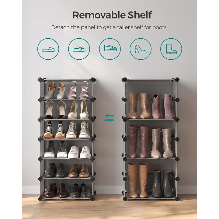 Dulap de depozitare pantofi modular, cu 10 compartimente cu usa, 43 x 31 x 173 cm, transparent