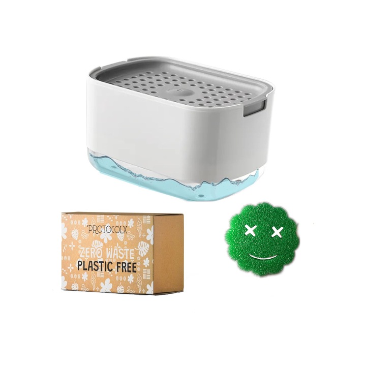 Mosogatószer-adagoló szivacstartóval, dupla felületű súrolószivacsot tartalmaz, 14x10x8,5 cm, 350 ml, fehér/átlátszó/szürke