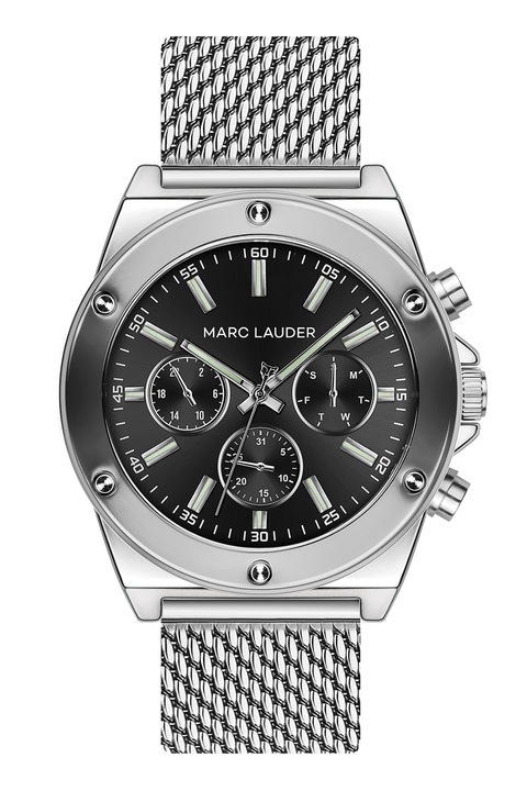 Marc Lauder, Мултифункционален аналогов часовник с мрежеста верижка, Сребрист, Черен