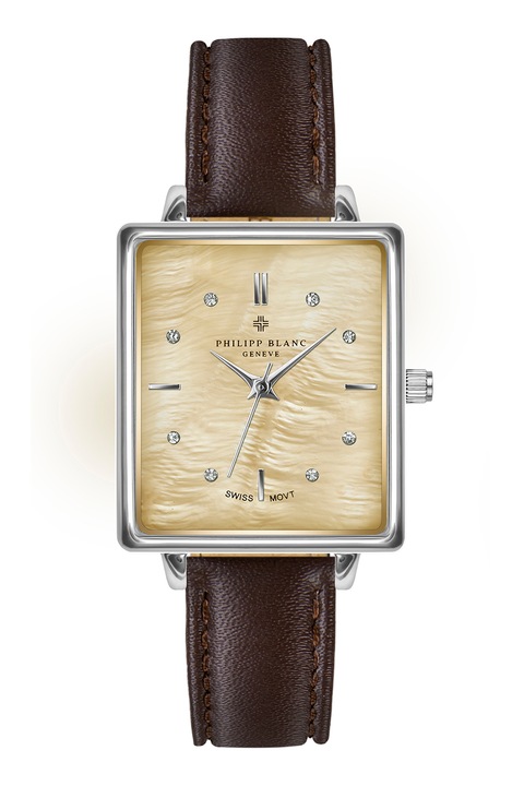 Philipp Blanc, Szögletes karóra kristályokkal díszített számlappal, Ezüstszín, Sötétbarna, Homokbarna