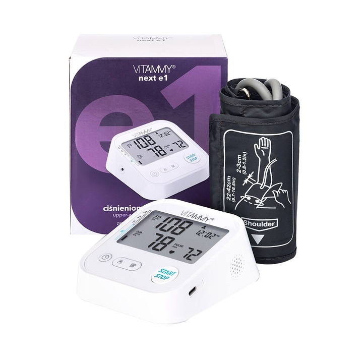 Vitammy Next E1 elektronikus kar vérnyomásmérő, USB-C mellékelve, aritmia érzékelés, testmozgás érzékelés, panoráma képernyő, védőburkolat, mandzsetta 22 - 42 cm, Fehér