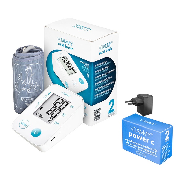 Vitammy Next Basic Power C elektronikus karos vérnyomásmérő, tápegység mellékelve, mérés mandzsetta felfújásakor, memória 2 felhasználó számára, védőburkolat, mandzsetta 22-40 cm, Fehér