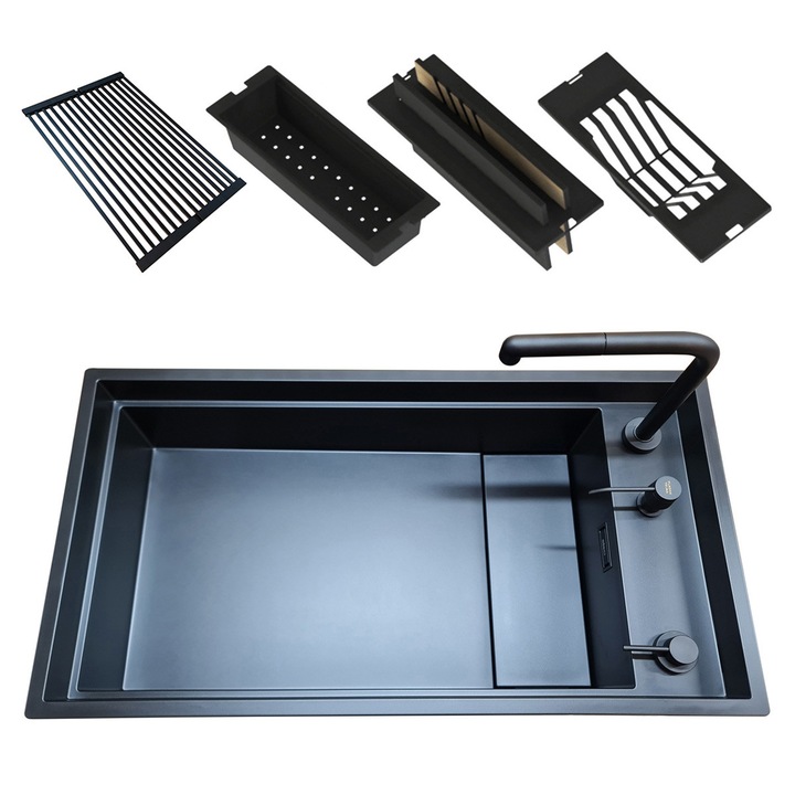 Set chiuveta bucatarie compozit ceramic cu baterie telescopica, Elleci Invisible Dialogo 360 Workstation Black, 860x460x220mm, Negru Mat, cu 7 accesorii negre: tavita, suport farfurii, gratar pliabil, set 2 tocatoare HPL, dozator, capac si ventil scurgere