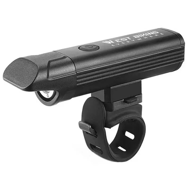 Фар за велосипед, преден, LED фенер, видимост 200 м, 500 лумена, 5 режима на осветление, 2000mAh USB акумулаторна батерия, водоустойчив, закрепване за кормило, West Biking, 12.8 x 3.1 x 3 см, черен