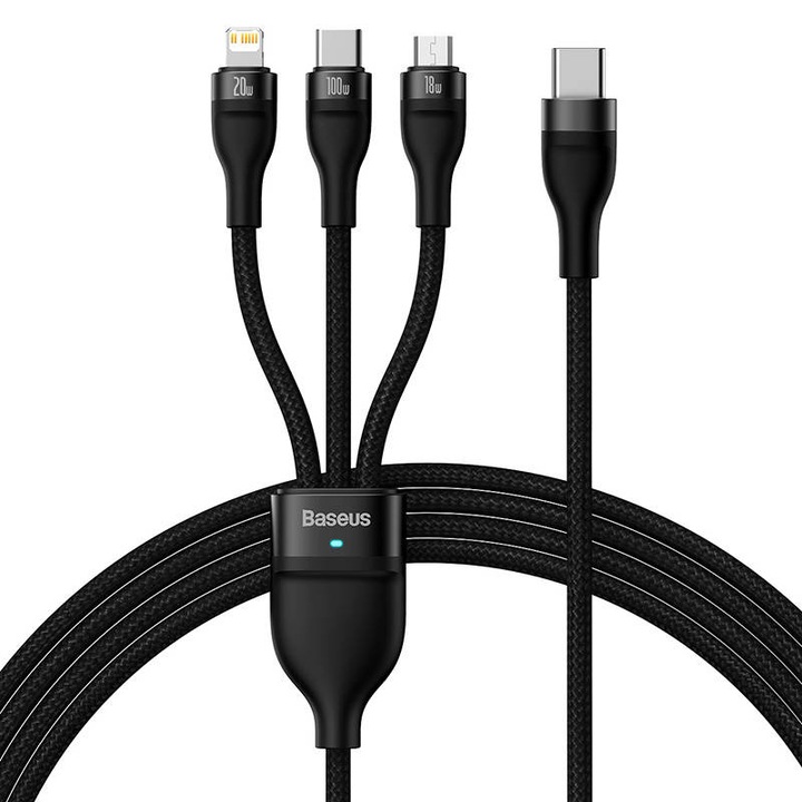 Baseus Flash Series 2, 3 az 1-ben USB kábel, USB-C / micro USB / Lightning, 100W, 1.5m, Fekete