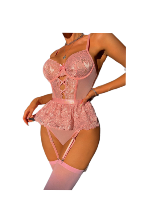 Секси комплект бельо, 2 части, Боди и чорапи, Розов, XL