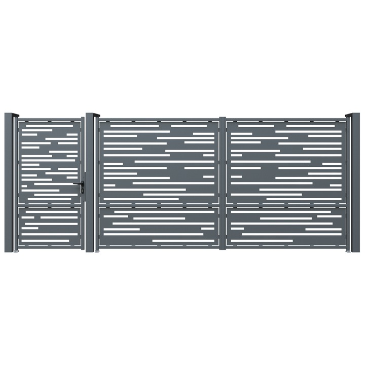 Set poarta auto si pietonala, Todome, tabla decupata 2mm, model 60, negru, 430 x 180 cm, cu accesorii si stalpi