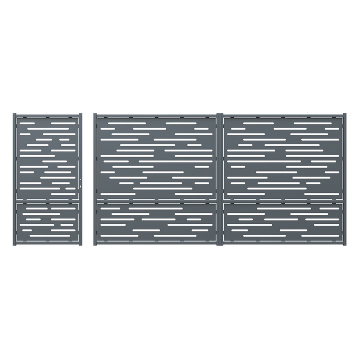 Set poarta auto si pietonala, Todome, tabla decupata 2mm, model 31, negru, 387 x 180 cm, fara accesorii, fara stalpi