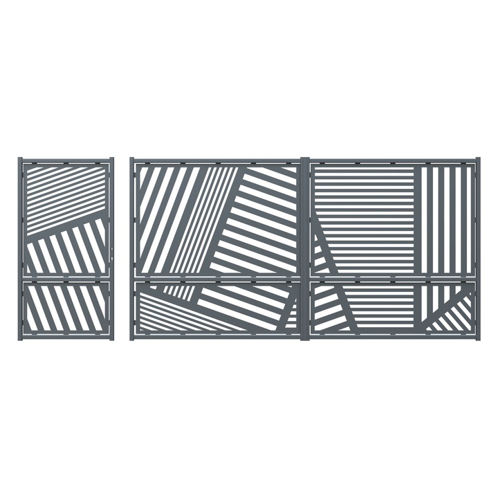 Set poarta auto si pietonala, Todome, tabla decupata 2mm, model 27, negru, 387 x 180 cm, fara accesorii, fara stalpi