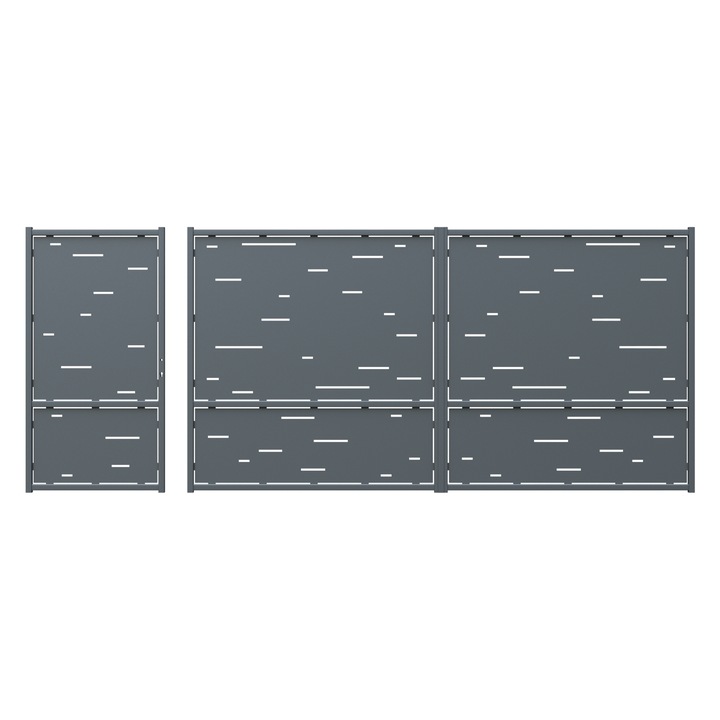 Set poarta auto si pietonala, Todome, tabla decupata 2mm, model 56, negru, 387 x 180 cm, fara accesorii, fara stalpi