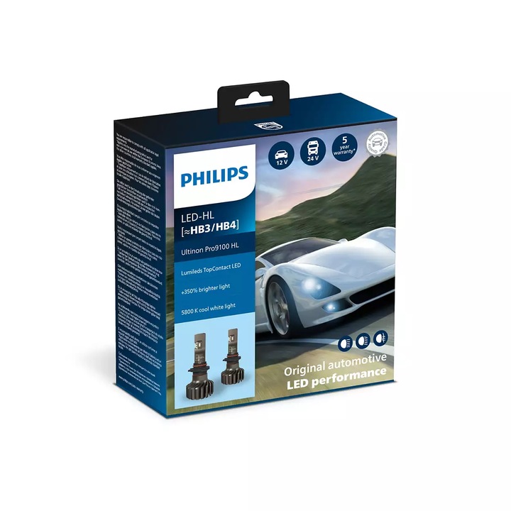 Set 2 leduri auto Philips Ultinon Pro9100 HB3/HB4, 13 W, 5800 K, 12 / 24 V