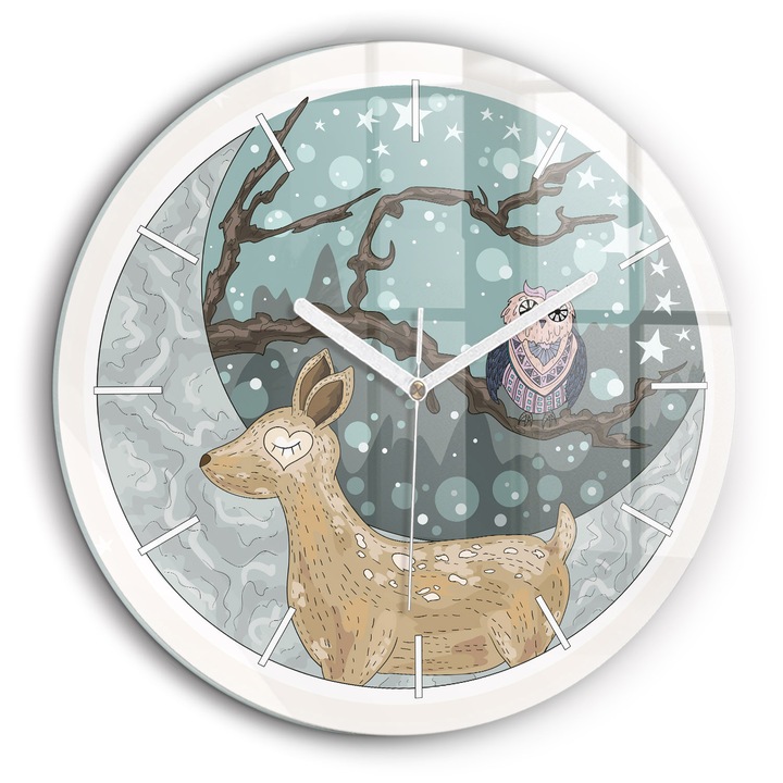 Ceas de perete, Wallfluent, de sticla, Mainile albe, Fara cifre, Animale de noapte si luna, Albastru, Rotund Ø60 cm, 010010500050100271100