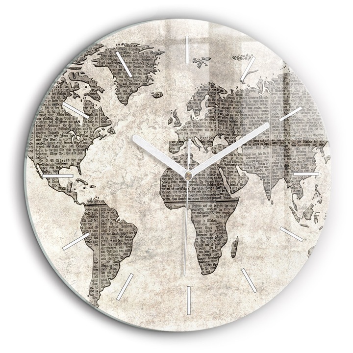 Falióra, Wallfluent, üveg, Fehér mutatók, Nincsenek számok, Világtérkép újság, Bézs, Kerek Ø60 cm, 010010500050100271264