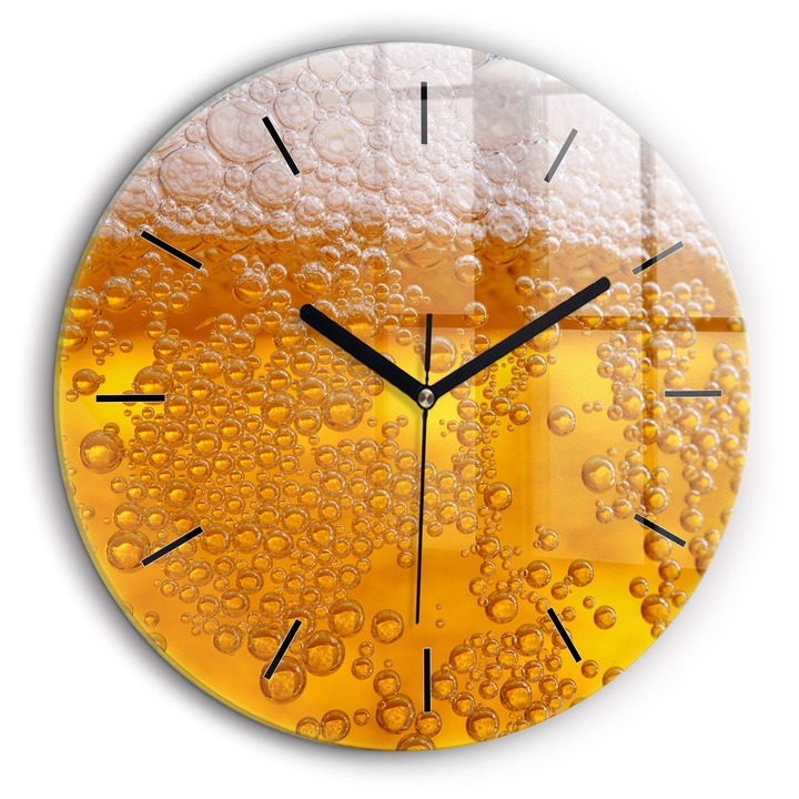 Falióra, Wallfluent, üveg, Fekete mutatók, Számok nélkül, Habos sör, Sárga, Kerek Ø60 cm, 010010500050200259811