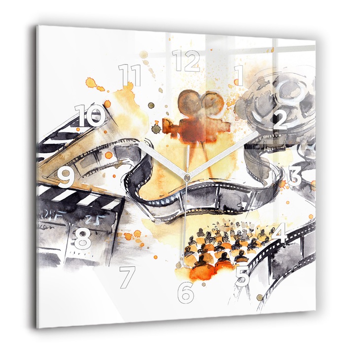 Ceas de perete, Wallfluent, de sticla, Mainile albe, Cifre Arabe, Cinematografie pentru camera, Negru, Patrate 60x60 cm, 010010500080100273363