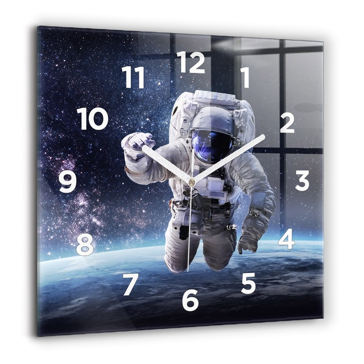Ceas de perete, Wallfluent, de sticla, Mainile albe, Cifre Arabe, Astronaut deasupra solului, Multicolor, Patrate 60x60 cm, 010010500080100272668