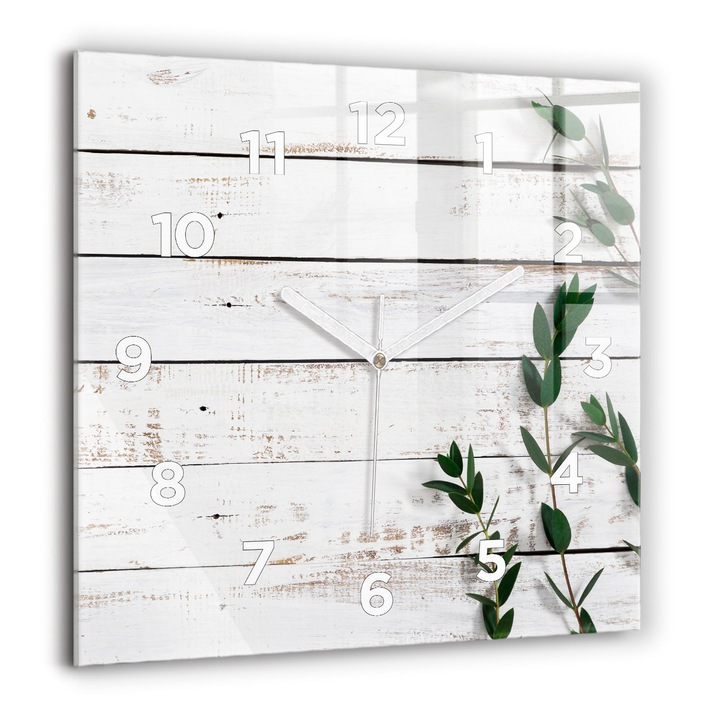 Falióra, Wallfluent, üveg, Fehér mutatók, Arab számok, Fényes fa csempe, Fehér, Négyzetek 60x60 cm, 010010500080100272828