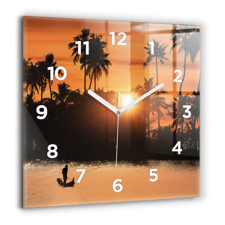 Ceas de perete, Wallfluent, de sticla, Mainile albe, Cifre Arabe, Apus de soare si palma, Negru, Patrate 60x60 cm, 010010500080100273346