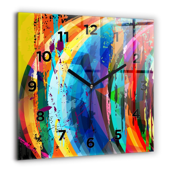 Ceas de perete, Wallfluent, de sticla, Mainile negru, Cifre Arabe, Fundal abstract, Multicolor, Patrate 60x60 cm, 010010500080200269060