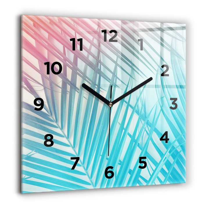 Ceas de perete, Wallfluent, de sticla, Mainile negru, Cifre Arabe, Palma tropicala, Multicolor, Patrate 60x60 cm, 010010500080200269179