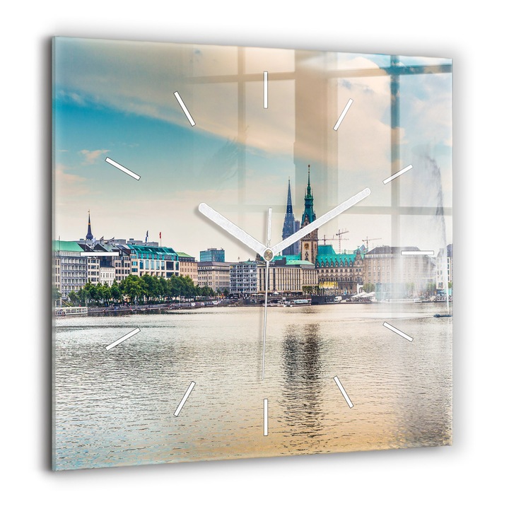 Falióra, Wallfluent, üveg, Fehér mutatók, Számok nélkül, Binnenalster Hamburgban, Kék, Négyzetek 60x60 cm, 010010500080100271763