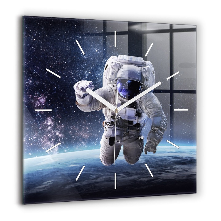 Ceas de perete, Wallfluent, de sticla, Mainile albe, Fara cifre, Astronaut deasupra solului, Multicolor, Patrate 60x60 cm, 010010500080100270930