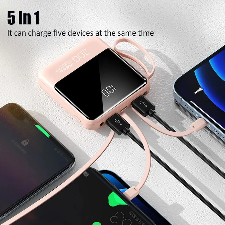 Baterie externa 20000mAh cu cabluri integrate, display LED, 4 in 1, mov ...