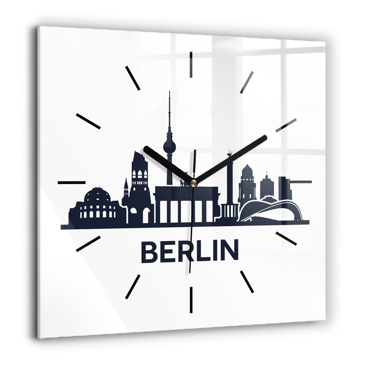 Ceas de perete, Wallfluent, de sticla, Mainile negru, Fara cifre, Ilustratie a orasului Berlin, Negru, Patrate 60x60 cm, 010010500080200266931