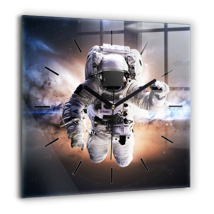 Ceas de perete, Wallfluent, de sticla, Mainile negru, Fara cifre, Astronaut in spatiu, Albastru, Patrate 60x60 cm, 010010500080200267590