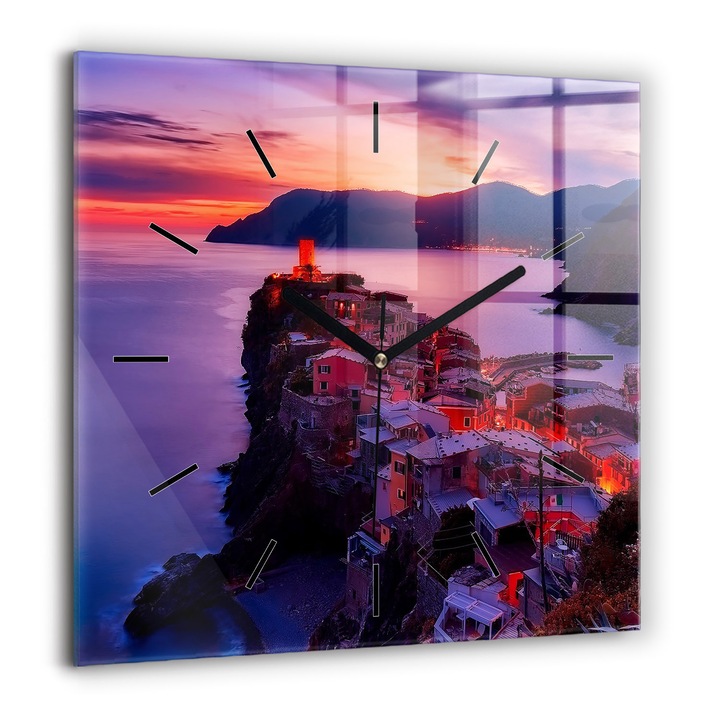 Falióra, Wallfluent, üveg, Fekete mutatók, Nincsenek számok, Házak a tó mellett, Lila, Négyzetek 60x60 cm, 010010500080200268468