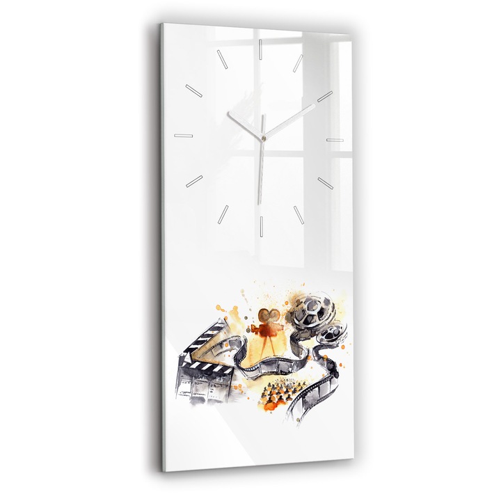 Ceas de perete, Wallfluent, de sticla, Mainile albe, Fara cifre, Cinematografie pentru camera, Negru, Dreptunghi 30x60 cm, 010010500020100271583