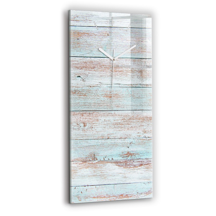 Falióra, Wallfluent, üveg, Fehér mutatók, Számok nélkül, Pasztellfa, Türkiz, Téglalap 30x60 cm, 010010500020100270456