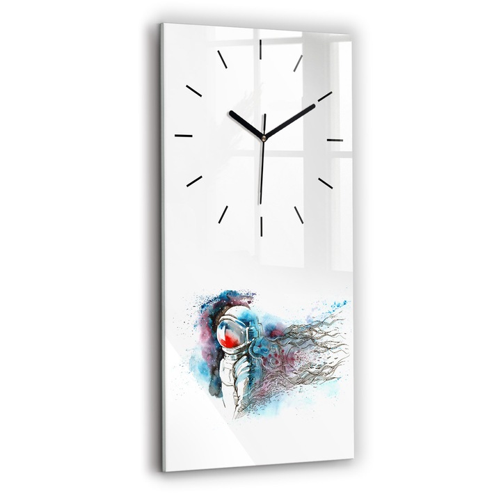 Ceas de perete, Wallfluent, de sticla, Mainile negru, Fara cifre, Abstractia astronautului, Albastru, Dreptunghi 30x60 cm, 010010500020200267918