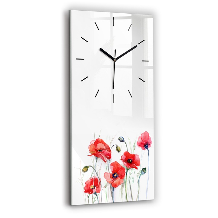 Ceas de perete, Wallfluent, de sticla, Mainile negru, Fara cifre, Maci rosii pictate, Rosu, Dreptunghi 30x60 cm, 010010500020200267938