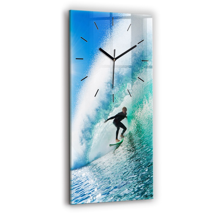 Ceas de perete, Wallfluent, de sticla, Mainile negru, Fara cifre, Surfing in Hawaii, Alb, Dreptunghi 30x60 cm, 010010500020200267979
