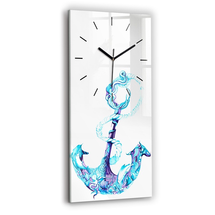 Ceas de perete, Wallfluent, de sticla, Mainile negru, Fara cifre, Ancora de mare, Albastru, Dreptunghi 30x60 cm, 010010500020200268246