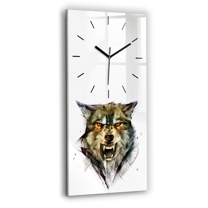 Falióra, Wallfluent, üveg, Fekete mutatók, Nincsenek számok, Rajzolt farkasportré, Barna, Téglalap 30x60 cm, 010010500020200267290