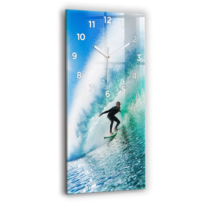 Ceas de perete, Wallfluent, de sticla, Mainile albe, Cifre Arabe, Surfing in Hawaii, Alb, Dreptunghi 30x60 cm, 010010500020100273215