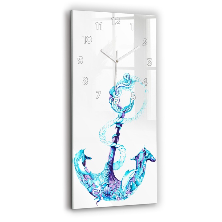 Ceas de perete, Wallfluent, de sticla, Mainile albe, Cifre Arabe, Ancora de mare, Albastru, Dreptunghi 30x60 cm, 010010500020100273514