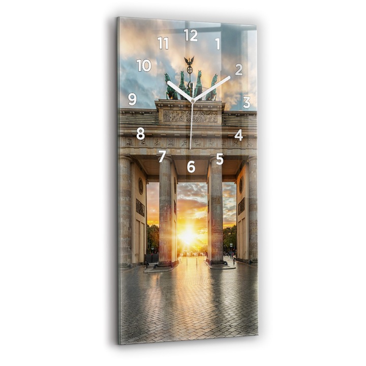 Ceas de perete, Wallfluent, de sticla, Mainile albe, Cifre Arabe, Poarta Brandenburg din Berlin, Galben, Dreptunghi 30x60 cm, 010010500020100272370